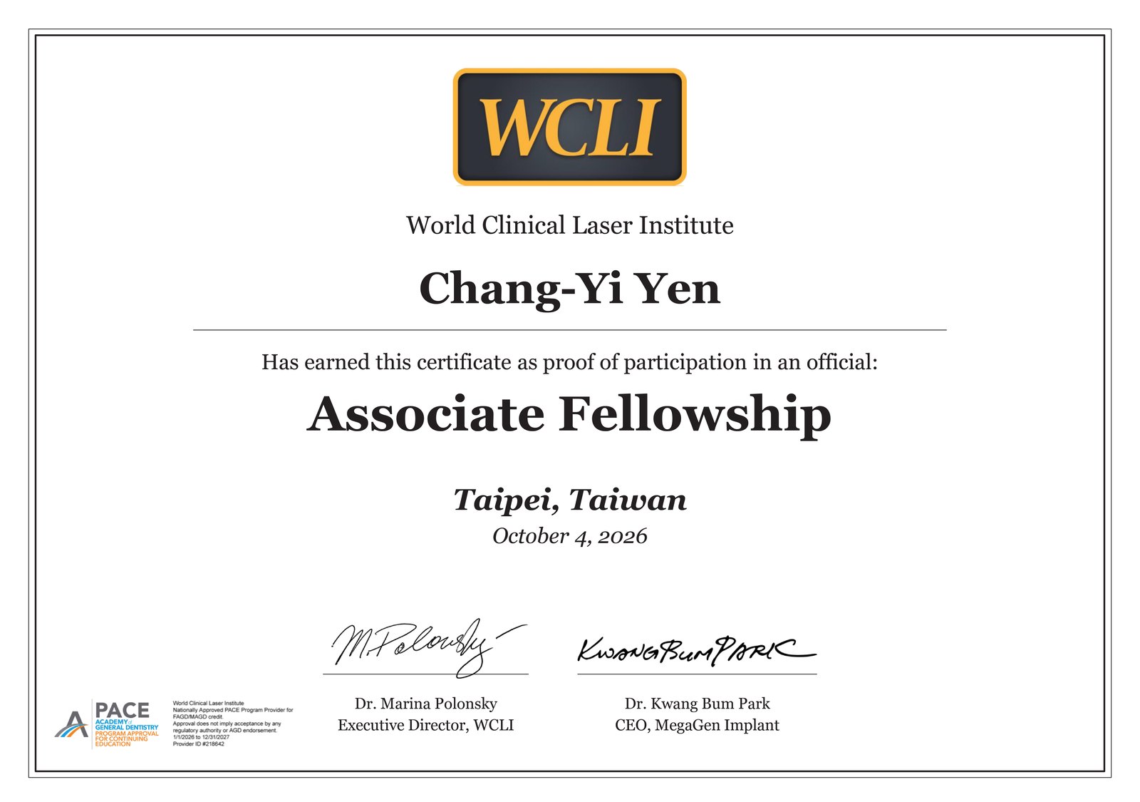 顏章伊醫師 世界臨床雷射學會 WCLI 副院士證書